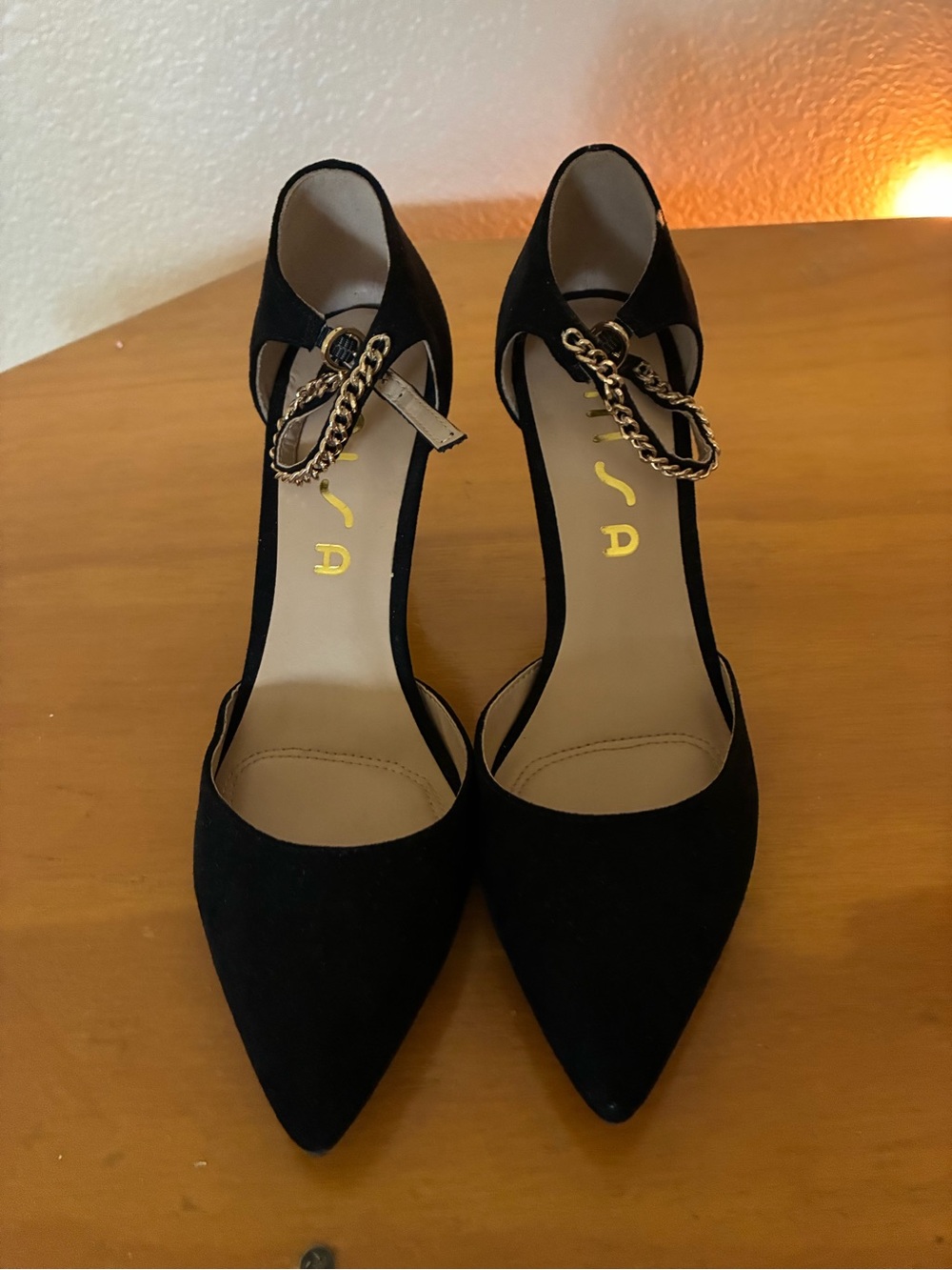 Unisa Black Pointed-Toe Ankle-Strap Pumps with Gold Chain